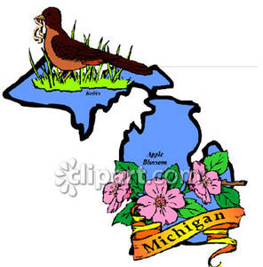 296x300 Blue State Of Michigan With State Symbols Of The Apple Blossom