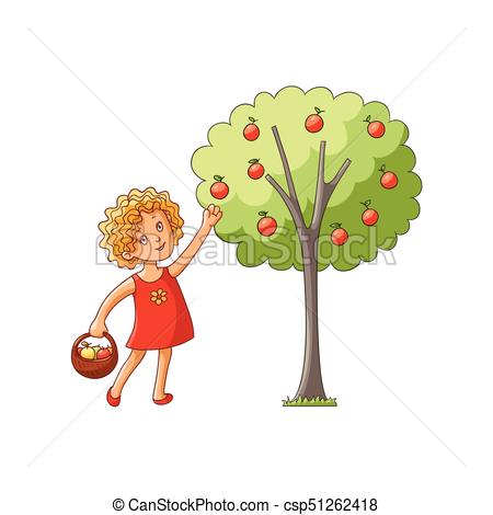 450x470 Vector Girl Collecting Apples From Apple Tree. Vector Flat