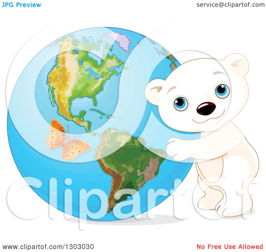 1080x1024 Clipart Of A Cute Polar Bear Cub Hugging Planet Earth,
