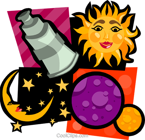 480x463 Astrology Sun, Moon, Stars, Telescope Royalty Free Vector Clip Art
