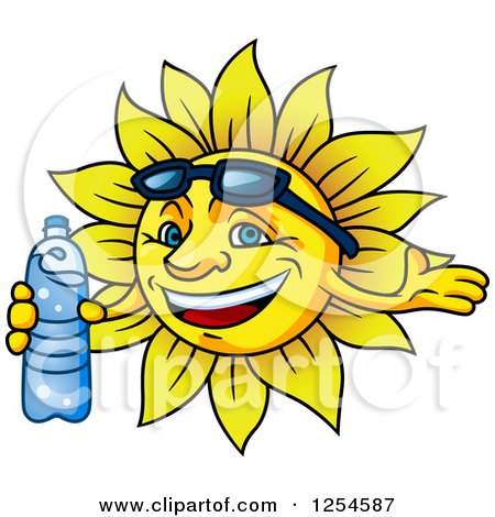450x470 Clipart Of A Happy Sun With Sunglasses And A Water Bottle