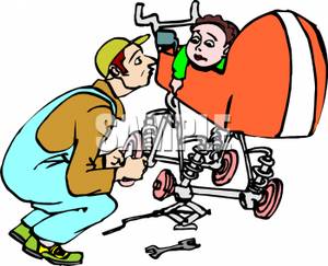 300x243 A Colorful Cartoon Of A Father Trying To Repair A Baby Carriage