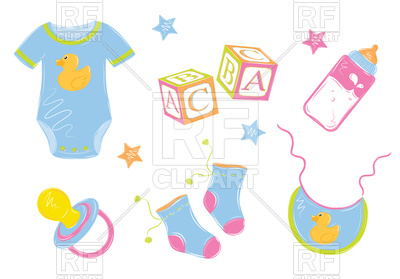 400x279 Baby Clothes With Bottle, Nipple, Cubes Royalty Free Vector Clip