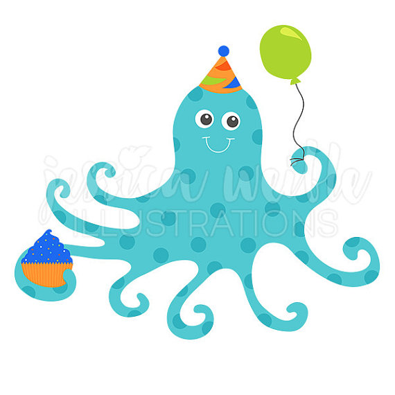 570x570 Blue Birthday Octopus Cute Digital Clipart, Cute Octopus Clip Art