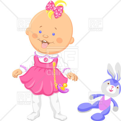 400x400 Happy Baby Girl In A Pink Dress With Toy Rabbit Royalty Free