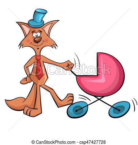 450x470 Cartoon Wolf In Blue Hat Shakes Child Stroller. Wolf And Vector