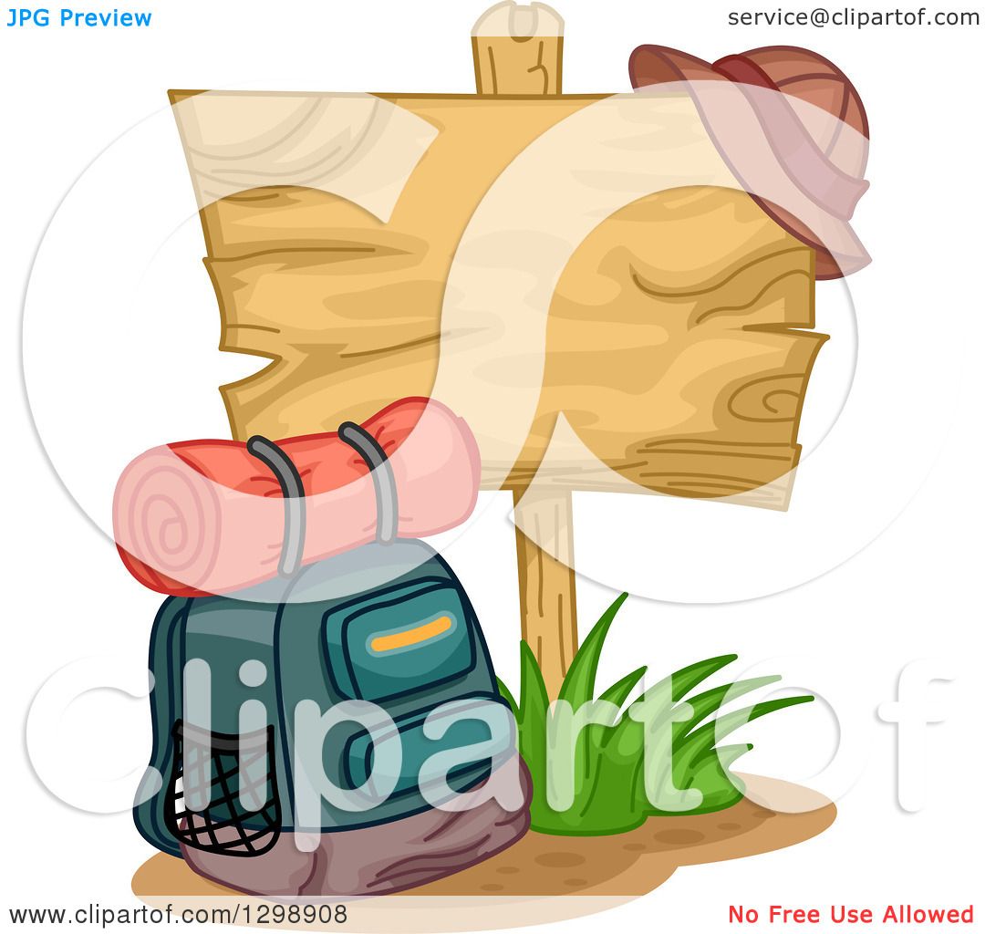 1080x1024 Clipart Of A Camping Backpack By A Blank Wooden Sign With A Hat
