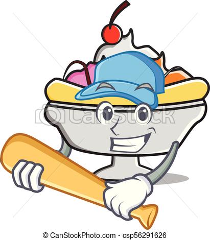 411x470 Playing Baseball Banana Split Character Cartoon Vector Illustration.
