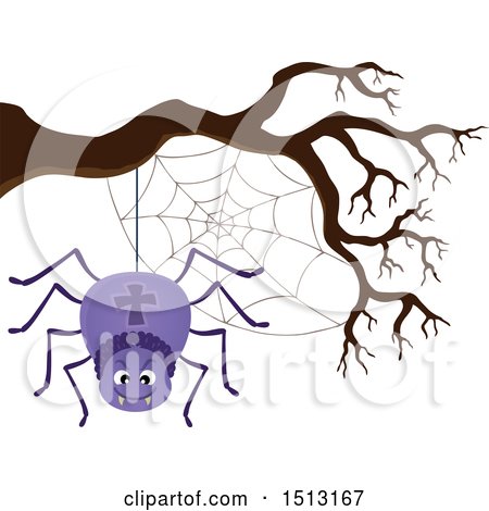 450x470 Clipart Of A Purple Spider And Web Hanging From A Bare Tree Branch