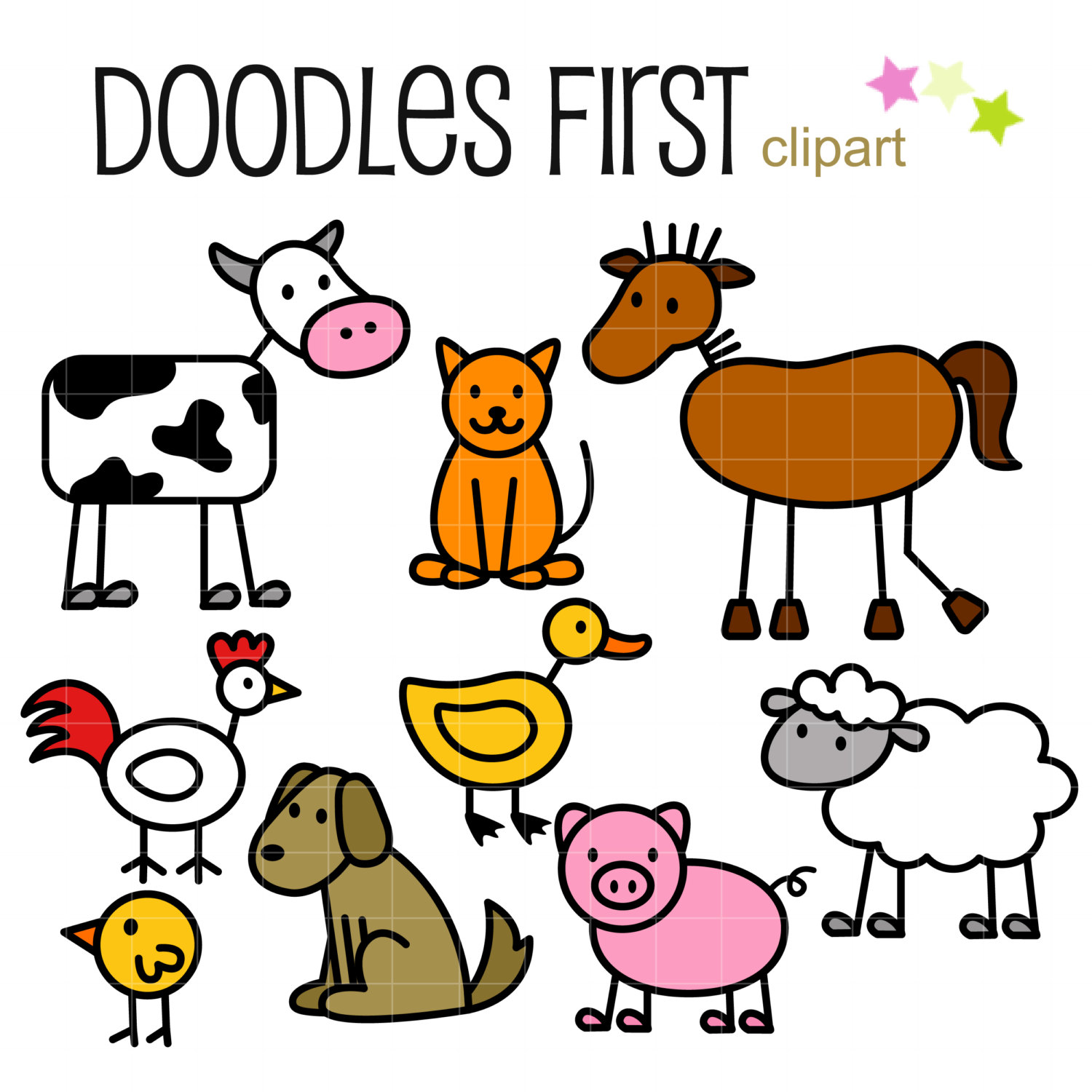 1500x1500 Stick Farm Animals Doodles Digital Clip Art For Scrapbooking