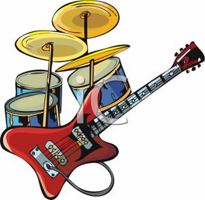 300x293 An Electric Guitar And A Drum Set Clip Art Image