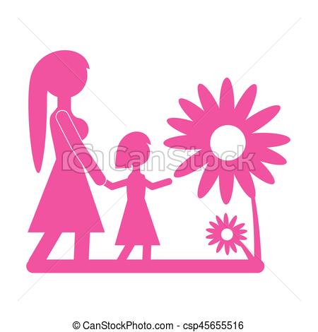 450x470 Mom Walking Daughter Beautiful Flower Vector Illustration