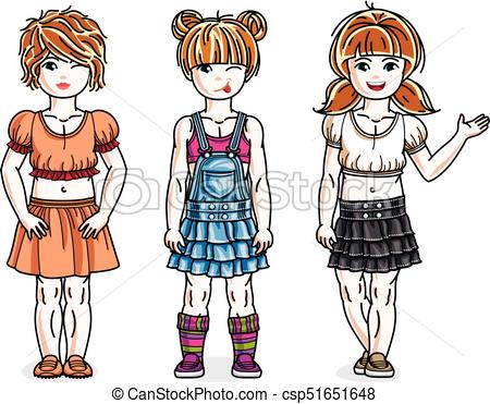 450x371 Pretty Little Girls Standing Wearing Casual Clothes. Vector Eps