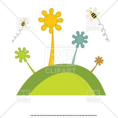 400x400 Childlike Bee And Flowers On Hill Royalty Free Vector Clip Art