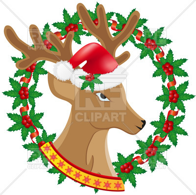400x398 Christmas Deer And Wreath Of Holly Berries Royalty Free Vector