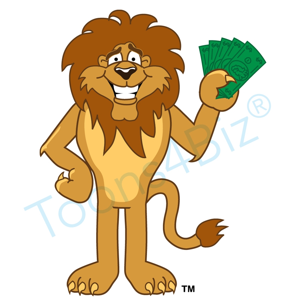 1000x1000 Lion Mascot Holding Money Clip Art Graphic