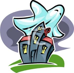 300x296 Clipart Illustration Of A Haunted House And A Big White Ghost