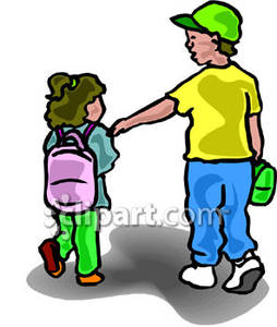 254x300 Boy Walking His Little Sister To School Royalty Free Clipart Picture