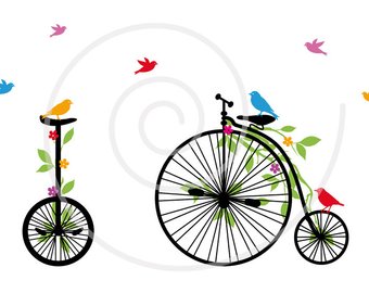340x270 Vintage Bicycle With Flowers, Tree And Birds, Digital Clipart