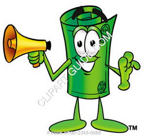 300x282 Clipart Cartoon Dollar Bill Character Holding A Bullhorn