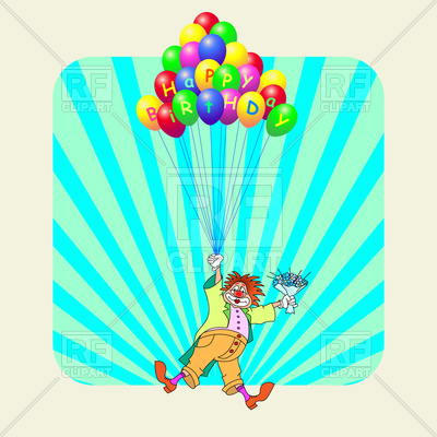 400x400 Birthday Greeting Card With Clown Flying On Balloons Royalty Free