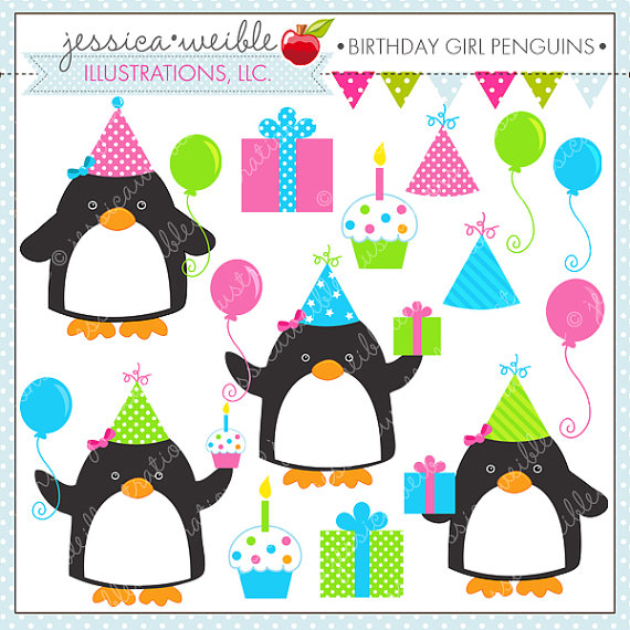 570x570 Birthday Girl Penguins Cute Digital Clipart For Commercial