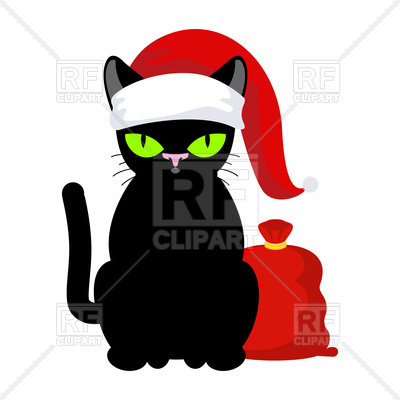 400x400 Black Cat In Christmas Hat With Red Bag Royalty Free Vector Clip