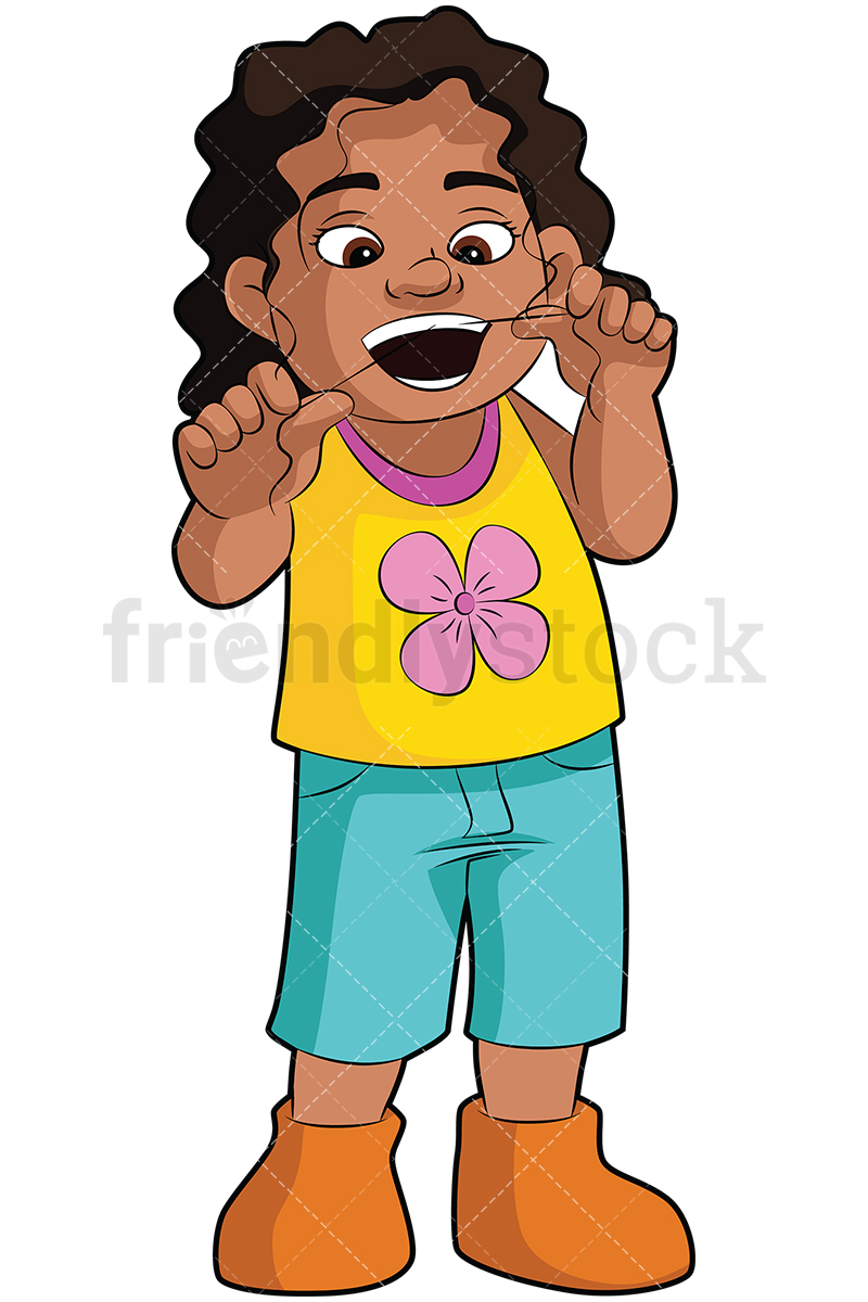 800x1200 Black Girl Flossing Her Teeth Vector Cartoon Clipart