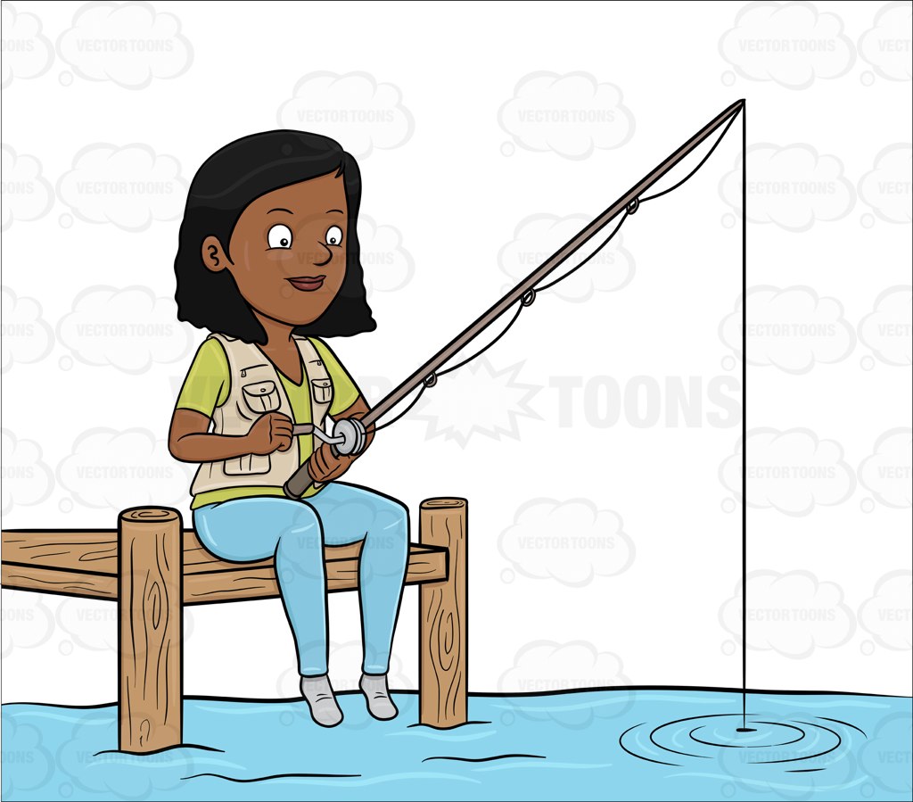 1024x899 A Black Woman Patiently Waiting To Catch A Fish Cartoon Clipart