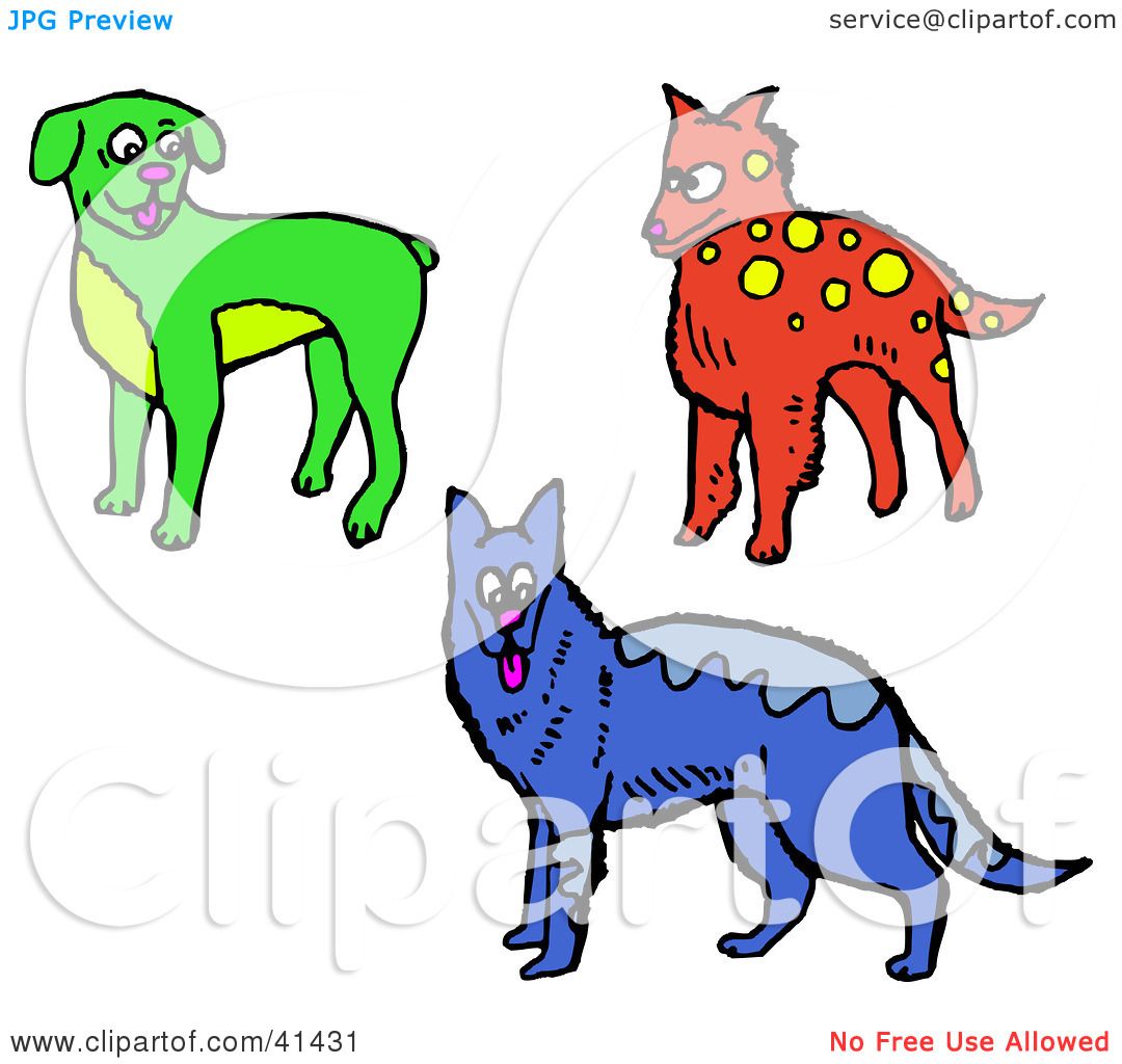 1080x1024 Clipart Illustration Of A Green Boxer, Red Dog And Blue Alsatian