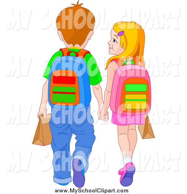 600x620 Clip Art Of A Rear View Of A White School Boy And Girl Holding