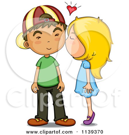 450x470 Cartoon Of A Girl On Her Tip Toes Kissing A Boy On The Cheek