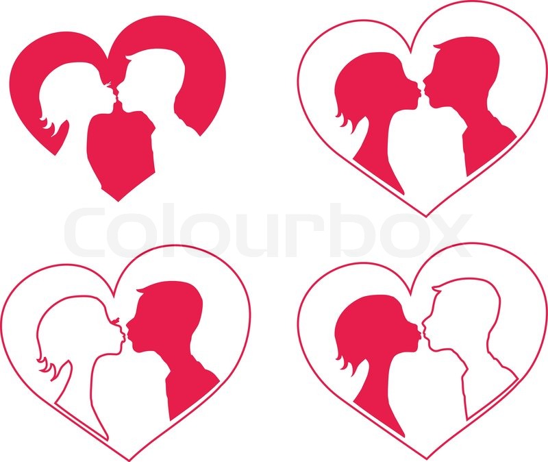 800x674 Kissing Boy And Girl Silhouettes In Heart Shape Background Stock