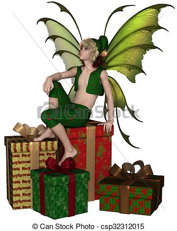 360x470 Christmas Fairy Elf Boy Sitting. Fantasy Illustration