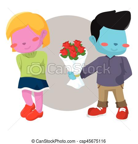 450x470 Blue Boy Giving Pink Girl Rose Vector Clip Art