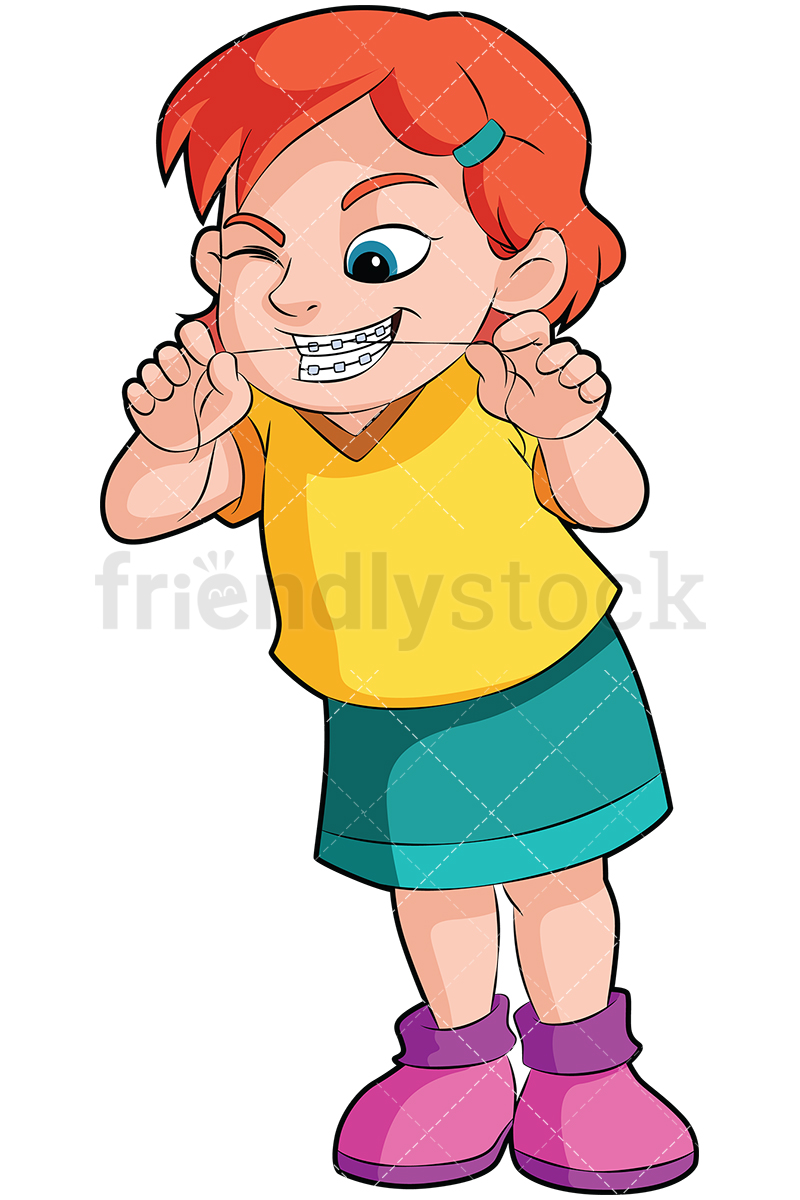 800x1200 Girl With Braces Flossing Her Teeth Vector Cartoon Clipart