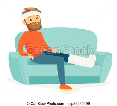 450x408 Caucasian Man With Broken Leg Sitting On The Couch. Sad Eps
