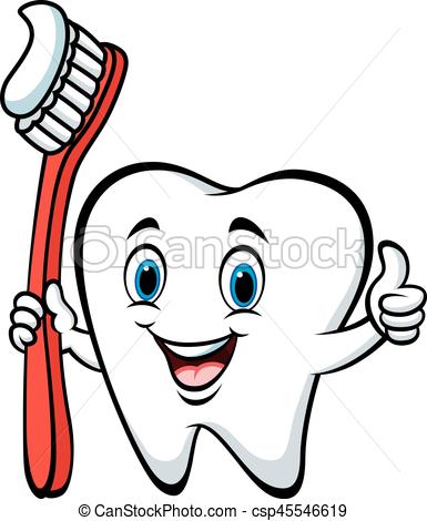 385x470 Vector Illustration Of Cartoon Tooth Holding A Tooth Brush