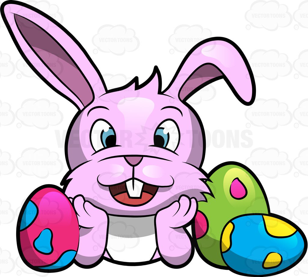 1024x922 A Happy Cute Easter Bunny Surrounded With Lovely Eggs Cartoon