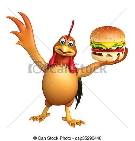 450x467 Cute Chicken Cartoon Character With Burger 3d Rendered