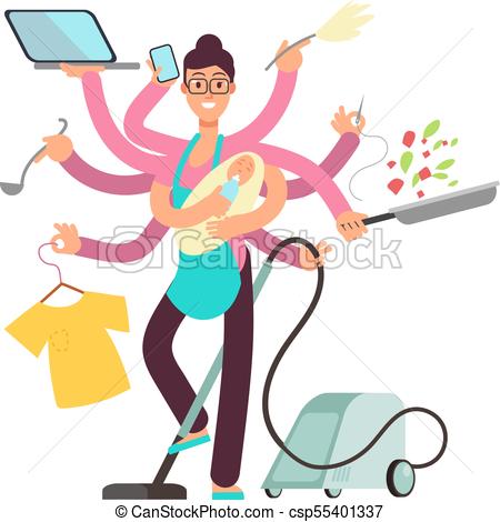 450x470 Super Busy Mother Working And Cooking Simultaneously Vector