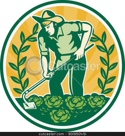 426x464 Farmer Gardener With Garden Hoe Cabbage Stock Vector