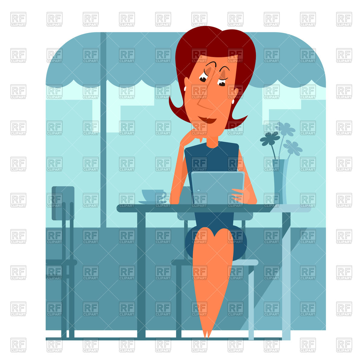 1200x1200 Woman Sitting In Cafe With Tablet Pc Royalty Free Vector Clip Art