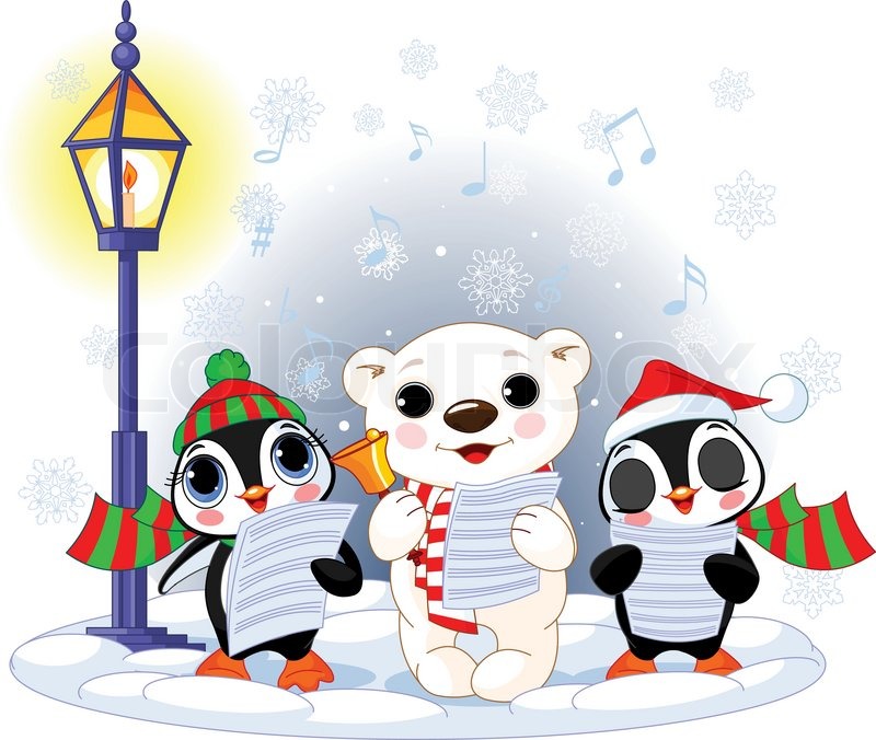 800x676 Christmas Carolers, Cute Polar Bear And Two Penguins Stock