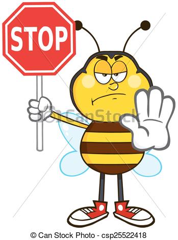 349x470 Angry Bee Holding A Stop Sign. Angry Bee Cartoon Mascot Vector