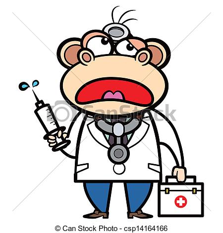 450x470 Cartoon Monkey Doctor With First Aid Kit And Syringe.