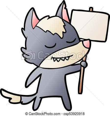 448x470 Friendly Cartoon Wolf With Blank Sign Vector Clip Art