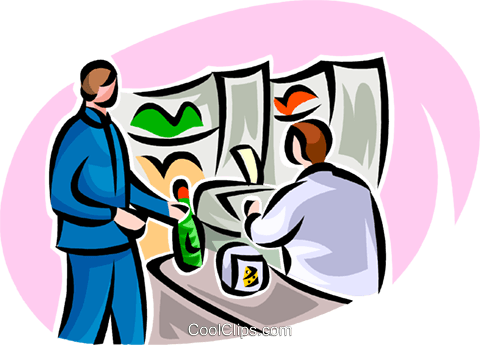 480x345 Man Buying Food Items With Cashier Royalty Free Vector Clip Art