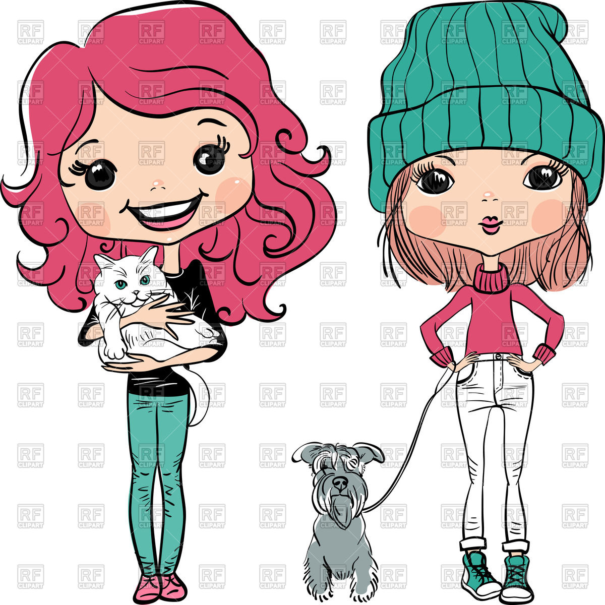 1200x1200 Cute Girls With Dog And Cat Royalty Free Vector Clip Art Image
