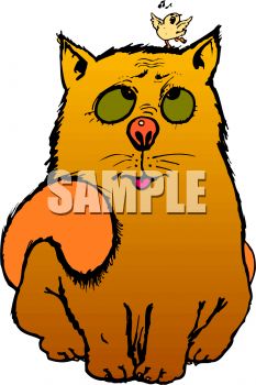 233x350 Picture Of A Bird Singing On Top Of A Cat's Head In A Vector Clip